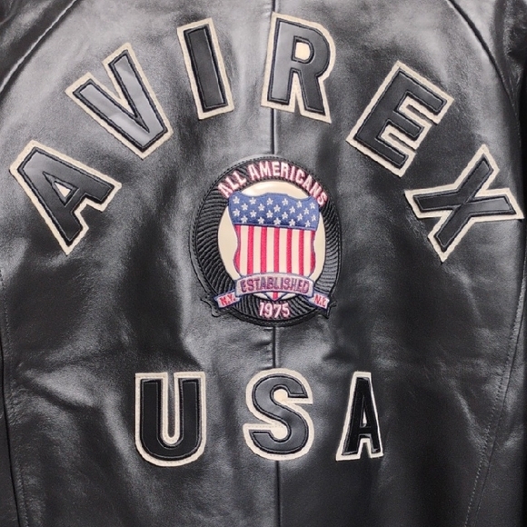 SALE! New Avirex Black Embroidered Leather Bomber Jacket Patches USA Sz.L - Picture 7 of 11